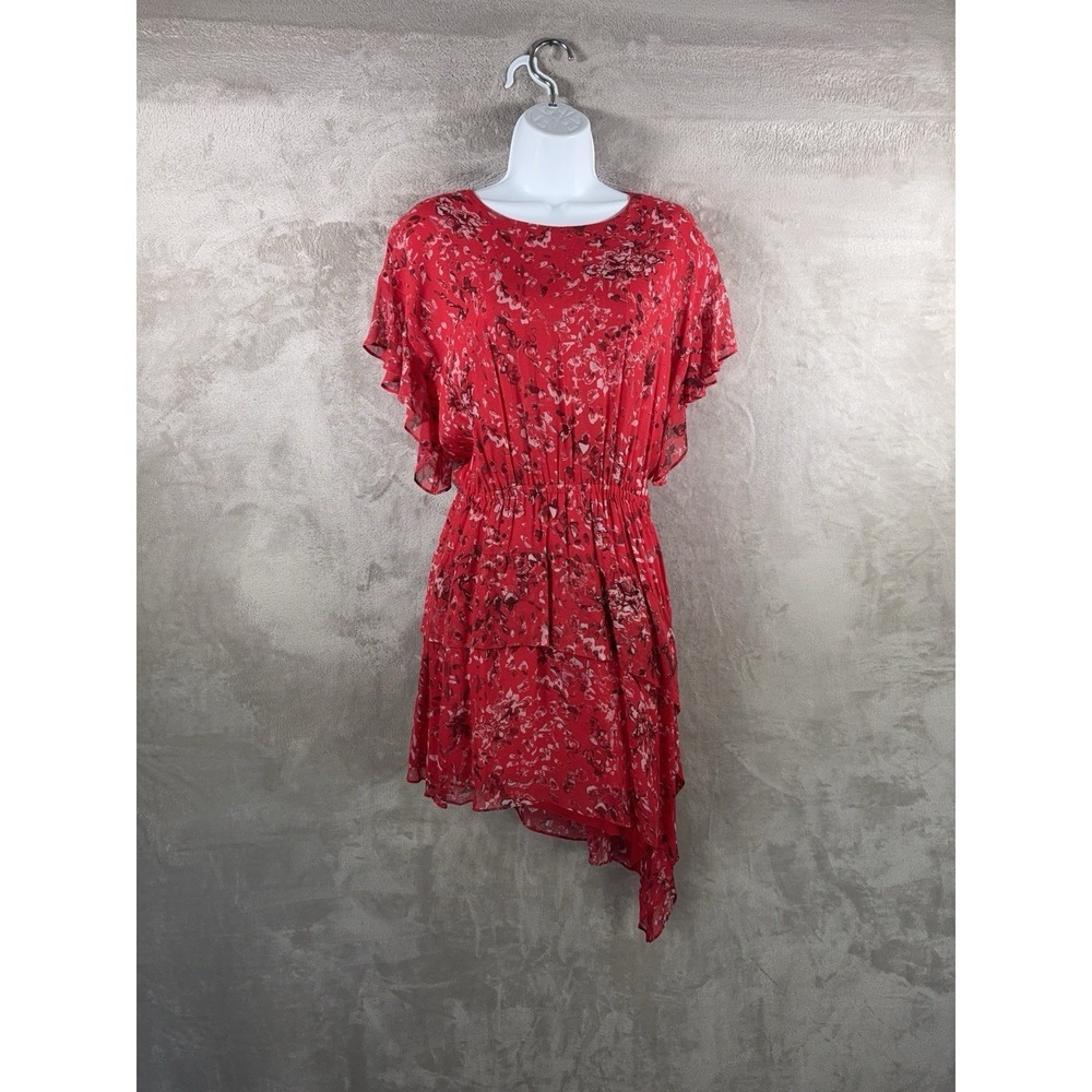 IRO Paris Blame Asymmetrical Dress Womens Size 36 Red Floral Viscose Mini Boho
